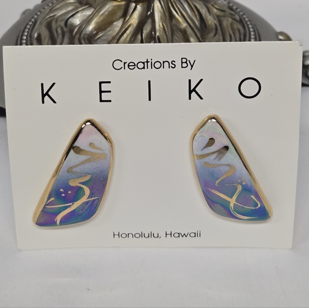 Vntg Creations By Keiko Ceramic Clip Earrings NWOT 1.75"x.75"
